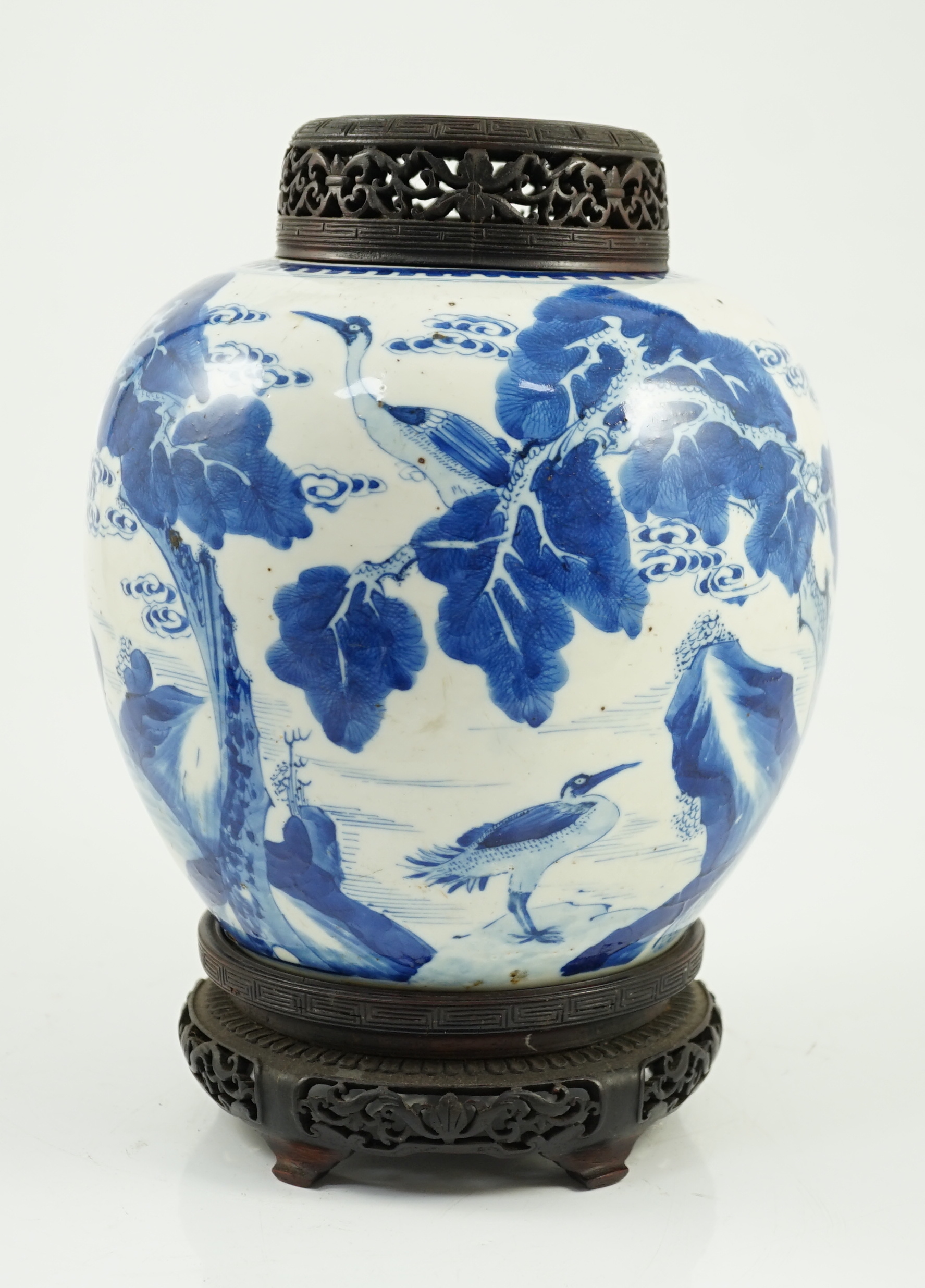 A Chinese blue and white ‘deer and crane’ ovoid jar, Kangxi period